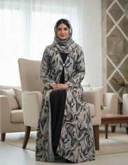 Elegant Grey & Gold Abstract Floral Open Abaya | Rhinestone Trim & Crystal Clasp | Tehnoor