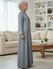 Elegant Grey Woven Leaf Abaya | Lapel Collar & Premium Jacquard-Style Motif