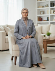 Elegant Grey Woven Leaf Abaya | Lapel Collar & Premium Jacquard-Style Motif