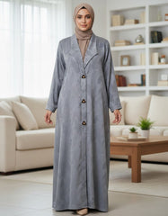 Elegant Grey Woven Leaf Abaya | Lapel Collar & Premium Jacquard-Style Motif