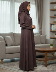 Elegant Chocolate Brown Woven Leaf Abaya | Lapel Collar & Premium Jacquard-Style Motif