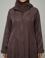 Elegant Chocolate Brown Woven Leaf Abaya | Lapel Collar & Premium Jacquard-Style Motif