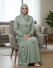 Elegant Sage Green Woven Leaf Abaya | Lapel Collar & Premium Jacquard-Style Motif | Tehnoor