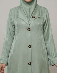 Elegant Sage Green Woven Leaf Abaya | Lapel Collar & Premium Jacquard-Style Motif | Tehnoor