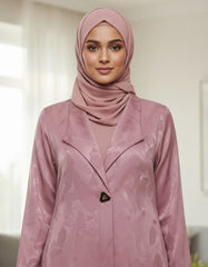 Elegant Dusty Pink Woven Leaf Abaya | Lapel Collar & Premium Jacquard-Style Motif