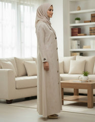 Elegant Brownish-Beige Woven Leaf Abaya | Lapel Collar & Premium Jacquard-Style Motif
