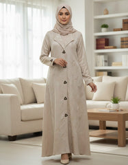 Elegant Brownish-Beige Woven Leaf Abaya | Lapel Collar & Premium Jacquard-Style Motif