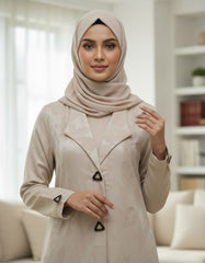 Elegant Brownish-Beige Woven Leaf Abaya | Lapel Collar & Premium Jacquard-Style Motif