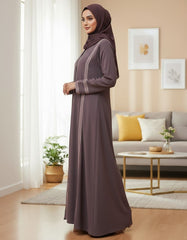 Elegant Mauve Abaya with Delicate Lace Work | Vertical Detailing & Gold Buttons | Tehnoor