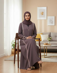 Elegant Mauve Abaya with Delicate Lace Work | Vertical Detailing & Gold Buttons | Tehnoor