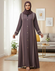 Elegant Mauve Abaya with Delicate Lace Work | Vertical Detailing & Gold Buttons | Tehnoor
