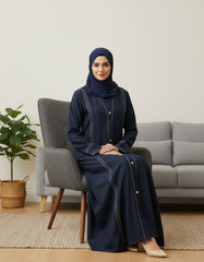 Elegant Navy Blue Abaya with Delicate Lace Work | Vertical Detailing & Gold Buttons | Tehnoor