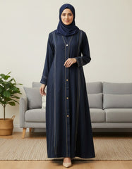 Elegant Navy Blue Abaya with Delicate Lace Work | Vertical Detailing & Gold Buttons | Tehnoor