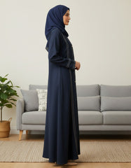Elegant Navy Blue Abaya with Delicate Lace Work | Vertical Detailing & Gold Buttons | Tehnoor