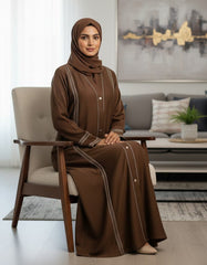 Elegant Brown Abaya with Delicate Lace Work | Vertical Detailing & Gold Buttons | Tehnoor
