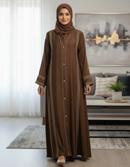 Elegant Brown Abaya with Delicate Lace Work | Vertical Detailing & Gold Buttons | Tehnoor