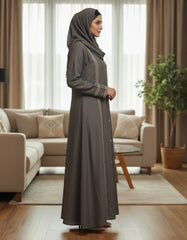Elegant Dark Grey Abaya with Delicate Lace Work | Vertical Detailing & Gold Buttons | Tehnoor