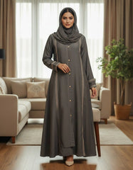 Elegant Dark Grey Abaya with Delicate Lace Work | Vertical Detailing & Gold Buttons | Tehnoor