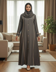 Elegant Dark Grey Abaya with Delicate Lace Work | Vertical Detailing & Gold Buttons | Tehnoor