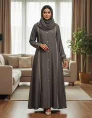 Elegant Dark Grey Abaya with Delicate Lace Work | Vertical Detailing & Gold Buttons | Tehnoor
