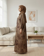 Elegant Earthy Brown Watercolor Floral Abaya | Concealed Placket | Tehnoor