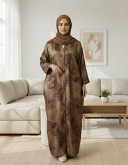 Elegant Earthy Brown Watercolor Floral Abaya | Concealed Placket | Tehnoor