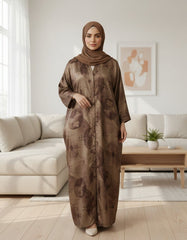 Elegant Earthy Brown Watercolor Floral Abaya | Concealed Placket | Tehnoor