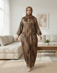 Elegant Earthy Brown Watercolor Floral Abaya | Concealed Placket | Tehnoor
