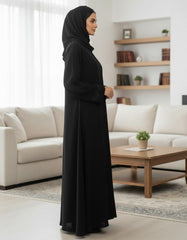 Elegant Black Embroidered Abaya | Tonal Leaf Motif | Tehnoor