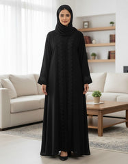 Elegant Black Embroidered Abaya | Tonal Leaf Motif | Tehnoor