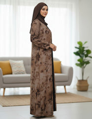Tehnoor Rustic Mocha Tie-Dye Shrug Abaya – Premium Indian Nida Fabric Single-Button Front-Open Modest Cardigan