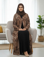 Tehnoor Rustic Mocha Tie-Dye Shrug Abaya – Premium Indian Nida Fabric Single-Button Front-Open Modest Cardigan