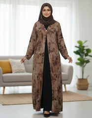 Tehnoor Rustic Mocha Tie-Dye Shrug Abaya – Premium Indian Nida Fabric Single-Button Front-Open Modest Cardigan