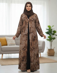 Tehnoor Rustic Mocha Tie-Dye Shrug Abaya – Premium Indian Nida Fabric Single-Button Front-Open Modest Cardigan