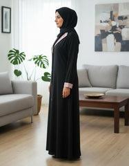 Tehnoor Noir Rose Panel Abaya Front‑Closed | Premium Indian Nida | Elegant Contrast Detailing