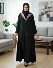 Tehnoor Noir Rose Panel Abaya Front‑Closed | Premium Indian Nida | Elegant Contrast Detailing