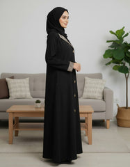 Tehnoor Noir Beige Panel Abaya Front‑Closed | Premium Indian Nida | Elegant Contrast Detailing