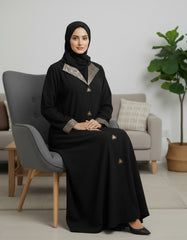 Tehnoor Noir Beige Panel Abaya Front‑Closed | Premium Indian Nida | Elegant Contrast Detailing