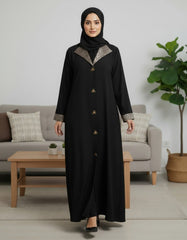 Tehnoor Noir Beige Panel Abaya Front‑Closed | Premium Indian Nida | Elegant Contrast Detailing