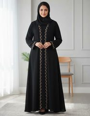Tehnoor Noir Leaf Embroidered Abaya Subtle elegance woven in beige threads