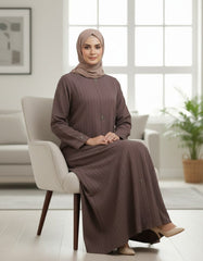 Premium warm cocoa‑brown hue Ribbed Abaya - Modern Textured Open-Front Modest Cardigan - 54" Length