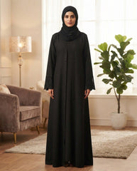 Black Indian Nida Abaya with Pipe Work Embroidered Sleeves | Elegant Full‑Length Modest Wear by Tehnoor