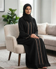 Black Indian Nida Abaya with Golden Wavy Lace & Embroidery | Premium Modest Wear by Tehnoor