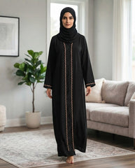 Black Indian Nida Abaya with Golden Wavy Lace & Embroidery | Premium Modest Wear by Tehnoor