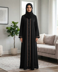 Black Indian Nida Abaya with Golden Wavy Lace & Embroidery | Premium Modest Wear by Tehnoor