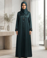 Dark Teal Premium Fabric Abaya with Black Piping & Triangular Buttons | Elegant Front‑Closed Modest Wear by Tehnoor