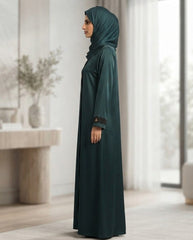 Dark Teal Premium Fabric Abaya with Black Piping & Triangular Buttons | Elegant Front‑Closed Modest Wear by Tehnoor