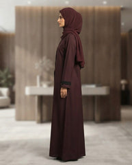 Dark Brown Premium Fabric Abaya with Black Piping & Triangular Buttons | Elegant Front‑Closed Modest Wear by Tehnoor