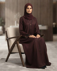 Dark Brown Premium Fabric Abaya with Black Piping & Triangular Buttons | Elegant Front‑Closed Modest Wear by Tehnoor