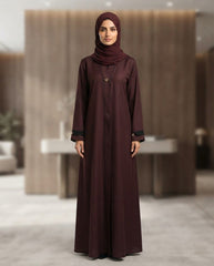 Dark Brown Premium Fabric Abaya with Black Piping & Triangular Buttons | Elegant Front‑Closed Modest Wear by Tehnoor